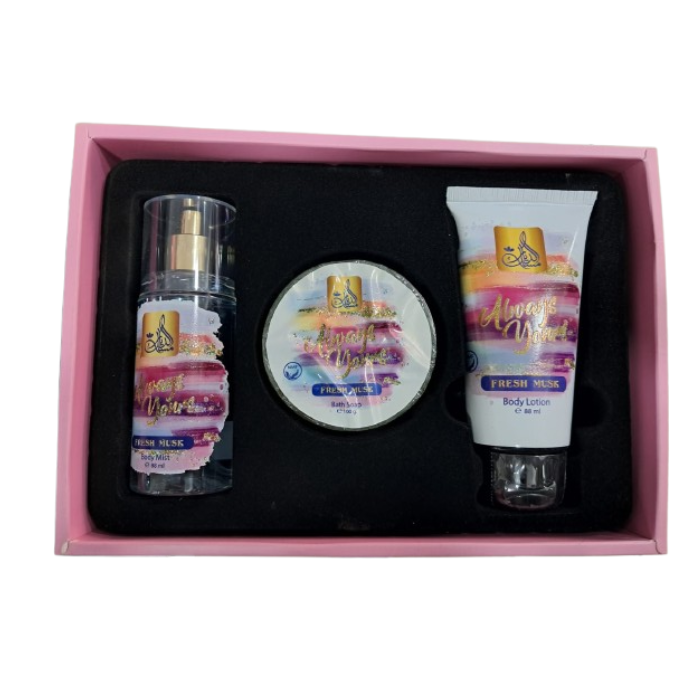 Misk Addiar Always Yours Fresh Musk Set For Women Body Mist 88ml + Body Lotion 88ml + Bath Soap 100ml