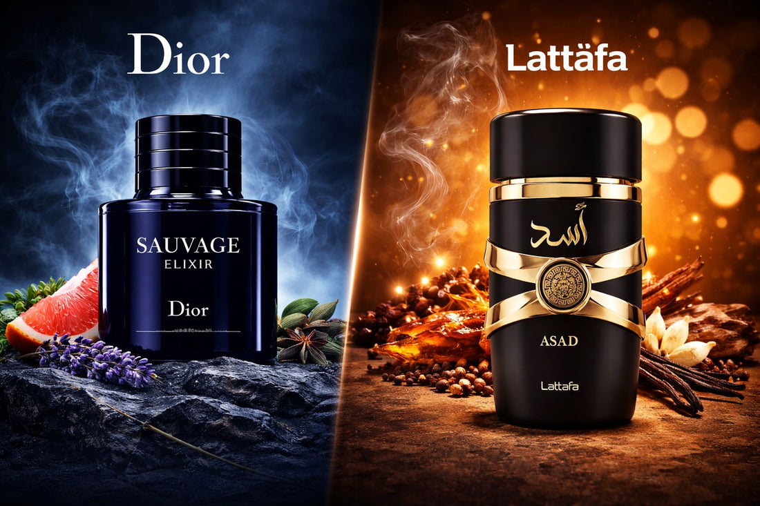 Dior Sauvage Elixir vs Lattafa Asad :  مقارنة شاملة قبل الشراء