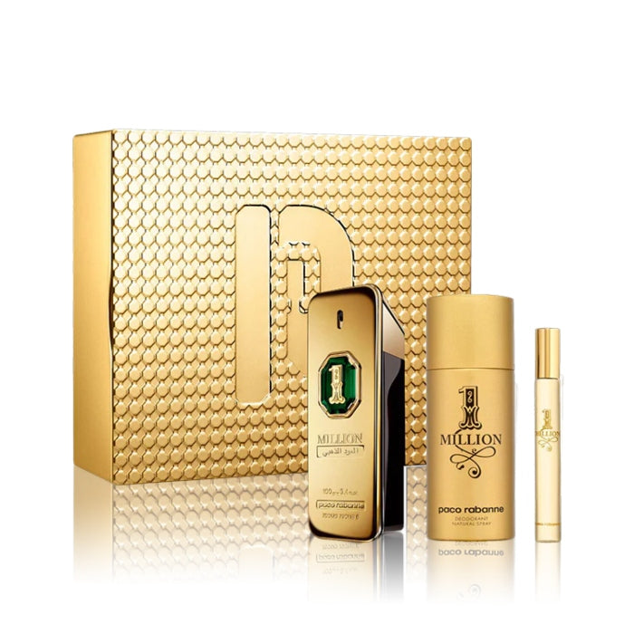 Paco Rabanne 1 Million Golden Oud Intense Set For Men Parfum 100ml + Mini Travel Eau De Toilette 10ml + Deodorant Spray 150ml