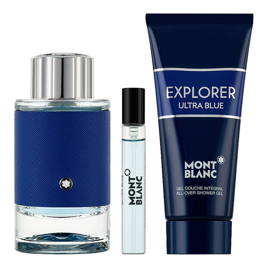 Mont Blanc Explorer Ultra Blue Set For Men Eau De Parfum 100ml + Mini Travel 7.5ml + Shower Gel 100ml