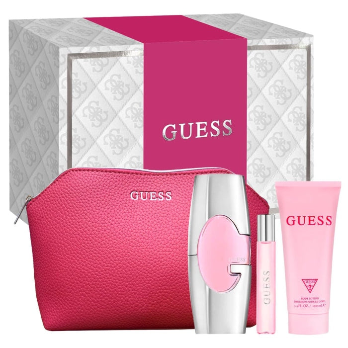Guess Pink Set For Women Eau De Parfum 75ml + Travel Size 15ml+Body Lotion 100ml + Pouch