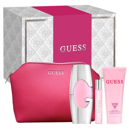 Guess Pink Set For Women Eau De Parfum 75ml + Travel Size 15ml+Body Lotion 100ml + Pouch