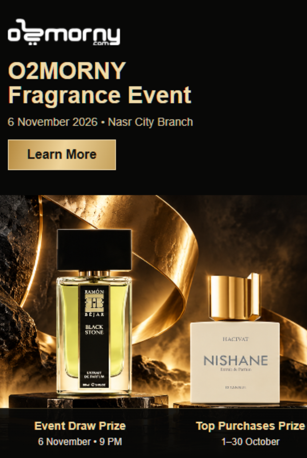 O2morny fragrance event on 6 November 2026 at the Nasr City branch, with Black Stone and Hacivat prizes