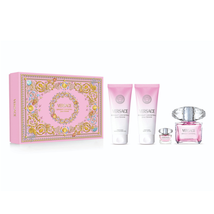 Versace Bright Crystal Set For Women Eau De Toilette 90ml + Mini Travel 5ml + Shower Gel 100ml + Body Lotion 100ml