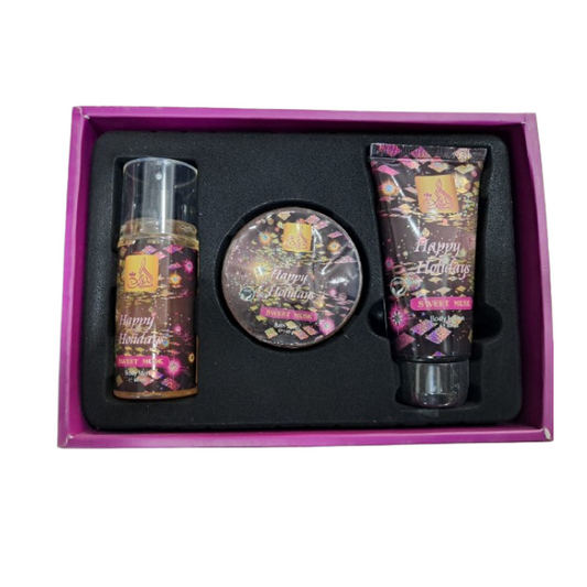 Misk Addiar Happy Holidays Sweet Musk Set For Women Body Mist 88ml + Body Lotion 88ml + Bath Soap 100ml