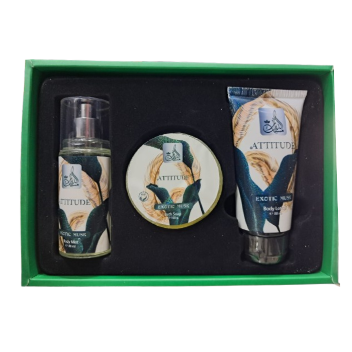 مجموعة مسك اديار اتيتيود اكزوتيك مسك للنساء بادي ميست88 مل + لوشن للجسم 88 مل + صابون استحمام 100 مل
