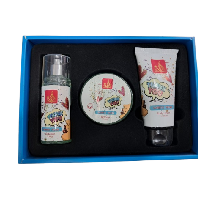 طقم مسك الديار ثانك يو وايت مسك للنساء بادي ميست88 مل + لوشن للجسم 88 مل + صابون استحمام 100مل