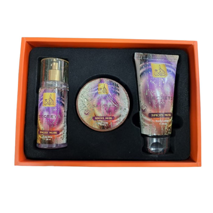 Misk Addiar Secrets Spices Musk Set For Women Body Mist 88ml + Body Lotion 88ml + Bath Soap 100ml
