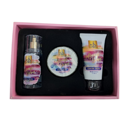 Misk Addiar Always Yours Fresh Musk Set For Women  Body Mist 88ml + Body Lotion 88ml + Bath Soap 100ml