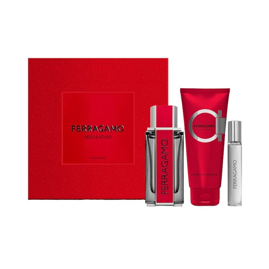 Salvatore Ferragamo Red Leather Set For Men Eau De Parfum 100ml + Mini Travel 10ml + Shampoo&Shower Gel 100ml