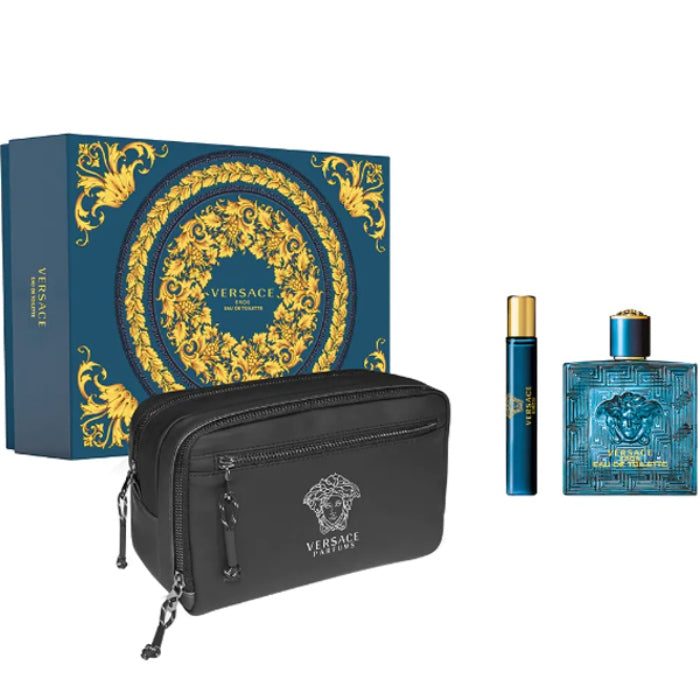 Versace Eros Sets For Men Eau De Toilette 100ml + Mini Travel 10ml +  Pouch