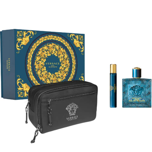 Versace Eros Sets For Men Eau De Toilette 100ml + Mini Travel 10ml +  Pouch