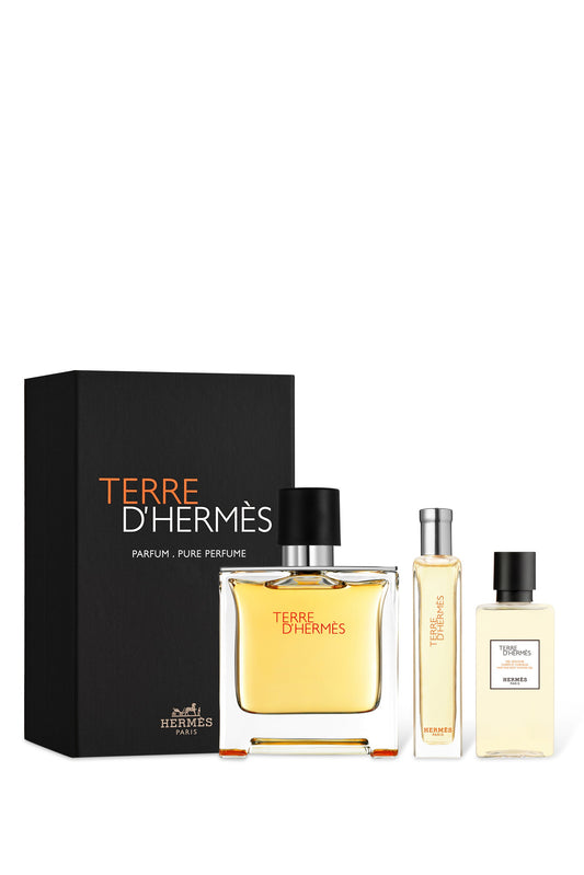 Hermes Terre D Hermes Parfum Pure Set Eau De Parfum For Men 75ml + Mini 15ml+ Hair and Body Shower Gel 40ml