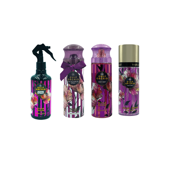 Gulf Orchid Sugar Bloom Set Bed Freshener Spray 300ml + Body Mist 250ml + Body Spray 200ml + Hair Mist 85ml